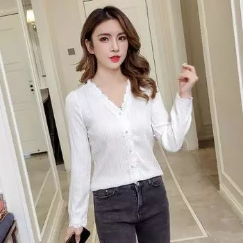 Весна-лето женская свободная однотонная рубашка 2025 года, новая рубашка большого размера с длинными рукавами и кружевным низом S белый