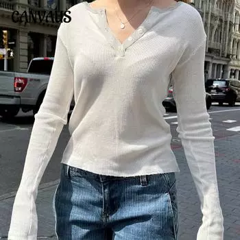 Весна-лето Женская Y2K Повседневная однотонная трикотажная кофточка с V-образным вырезом и длинными рукавами S тёмно-синий