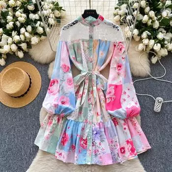 Весна-лето Женские элегантные платья с рукавами-фонариками и кружевным принтом в стиле пэчворк Короткие свободные платья на шнуровке S