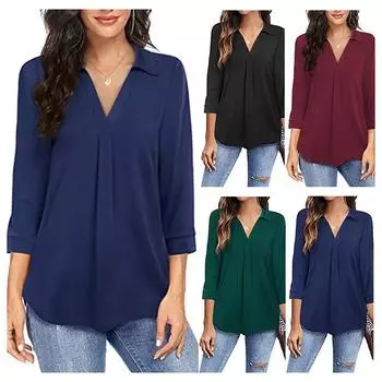 Весна Лето Женские Блузки Рубашки Женские Свободные Повседневные С V-образным вырезом Рукавом Семь Четвертей Отложным Воротником Однотонные Свободные Блузки Топы XXXXXL чёрный