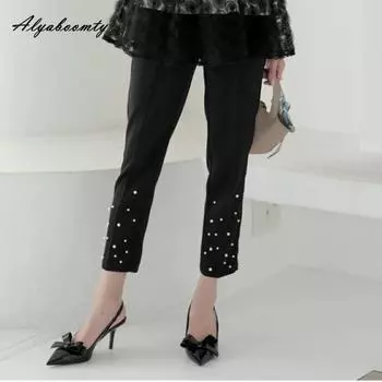 Весна-лето Женские черные узкие брюки с высокой талией, отделанные бисером, универсальные капри, элегантные женственные базовые брюки для женщин ONE SIZE чёрный