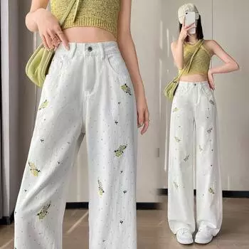 Весна-лето Женские цветочные вышитые бисером джинсы Винтажные с высокой талией Милые джинсовые брюки Женская мода Y2k Одежда Уличная одежда S розовый