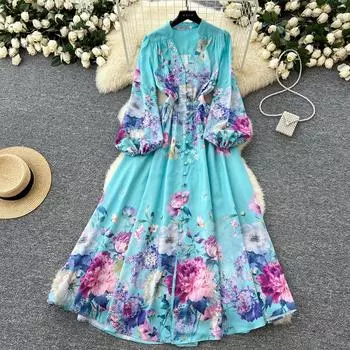 Весна Лето Женские Дизайнерские Принты Подиум Халат V-образный вырез Длинные Макси Платья Для Отдыха Пляж S синий