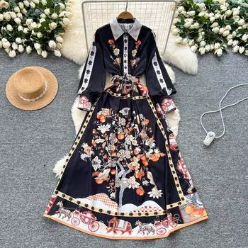 Весна-лето Женские дизайнерские винтажные принты Подиумные платья с отложным воротником Длинное макси-платье-рубашка с поясом M чёрный