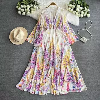 Весна-лето женские длинные макси-платья с v-образным вырезом и принтом на пляже, однобортное большое распашное морское платье S чёрный