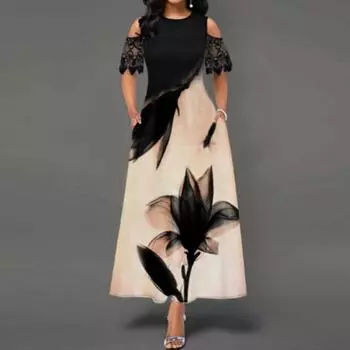 Весна-лето Женские Длинные Платья Пэчворк С Напечатанными Кружевными Рукавами S чёрный