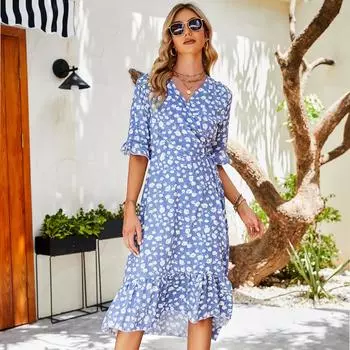 Весна-лето женские длинные платья с v-образным вырезом и короткими рукавами из шифона с принтом и оборками по подолу, S-XXL S чёрный