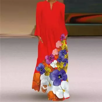 Весна Лето Женские Длинные Платья V-образный вырез Длинный рукав Карман Печатный Свободные Платья S