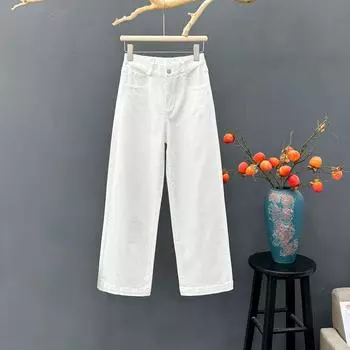 Весна-лето Женские джинсы с высокой талией Широкие брюки Свободные прямые джинсы M белый