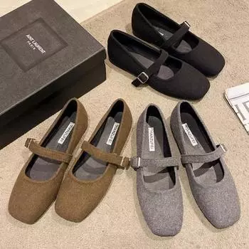 Весна-лето Женские фетровые туфли Мэри Джейн с квадратным носком, балетки женские с пряжкой на ремне, женская обувь 40 чёрный