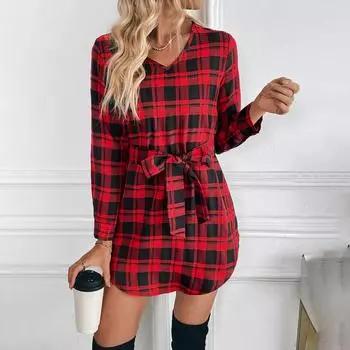 Весна-лето Женские клетчатые платья с длинным рукавом, с высокой талией, А-силуэтом, V-образным вырезом, на шнуровке, короткое платье S-XL S красный