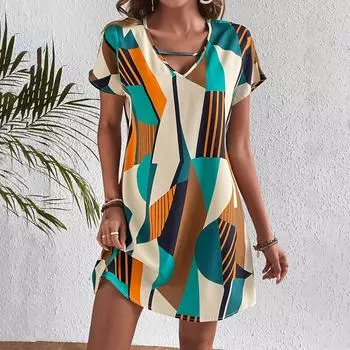Весна Лето Женские Морские Отдыха V-образный вырез Свободные Платья Высокая Талия А-силуэта Контрастного Цвета Короткий Рукав Средней Длины Платье S-XL S зелёный