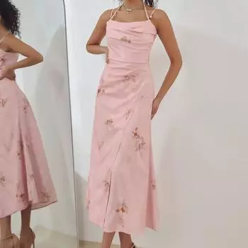Весна-лето Женские платья без рукавов с принтом и высокой талией, длинное платье-рубашка розового цвета с принтом XS-XL L розовый