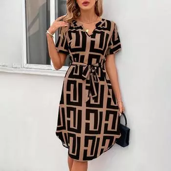 Весна-лето Женские платья для отдыха на море Slim Fit с короткими рукавами и высокой талией, А-силуэта, V-образного выреза, пояса, клетчатого платья средней длины S-XL S хаки