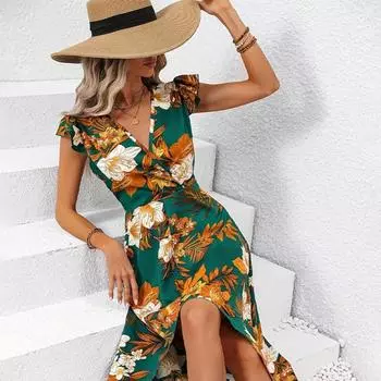 Весна-лето Женские платья для отдыха на море, облегающие, без рукавов, с высокой талией, с V-образным вырезом, цветочным принтом, разрезом, нестандартной длины, S-XL S зелёный