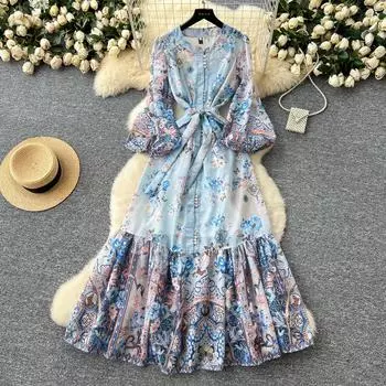 Весна-лето Женские платья с воротником-стойкой и принтом свободного покроя, длинные, макси, на шнуровке M светло-синий