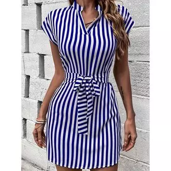 Весна-лето женские повседневные платья без рукавов в полоску со шнуровкой S синий