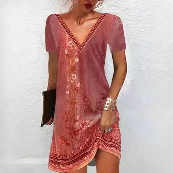 Весна-лето женские повседневные платья с принтом и V-образным вырезом S красный