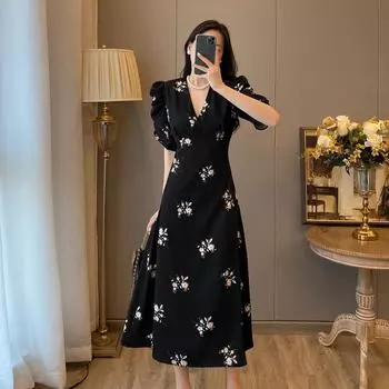 Весна Лето Женские Повседневные Платья Женские Платья С Цветочным Принтом V-образный Вырез Короткие Рукава Платья А-силуэта XXL чёрный