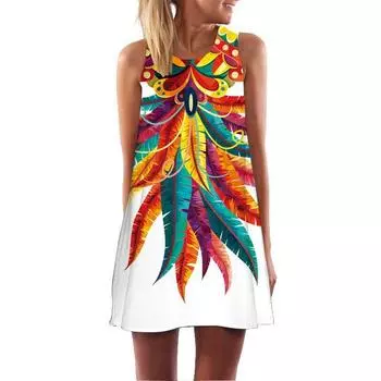 Весна-лето Женские принтованные свободные платья средней длины без бретелек с круглым вырезом S