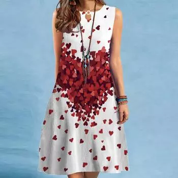 Весна-лето Женские принтованные свободные платья средней длины без бретелек с круглым вырезом S
