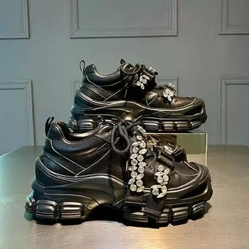 Весна Лето Женские Сетчатые Повседневные Туфли Кроссовки на Высокой Платформе Хрустальные Женские Модные Туфли Толстая Подошва Каблуки Натуральная Кожа Девушка 34