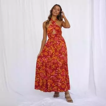 Весна-лето женские сексуальные бретельки с висящим воротом разрез принтованные праздничные повседневные платья S красный