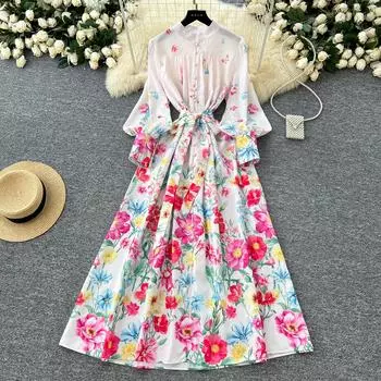 Весна-лето Женские стоячие воротники с принтом однобортные свободные длинные макси праздничные пляжные платья S