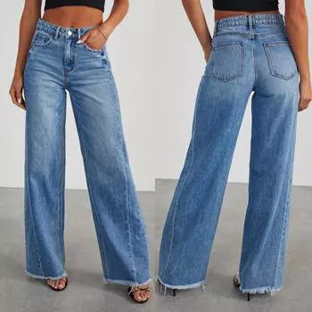 Весна-лето Женские свободные джинсы с широкими штанинами, боковыми швами и необработанным краем XL чёрный