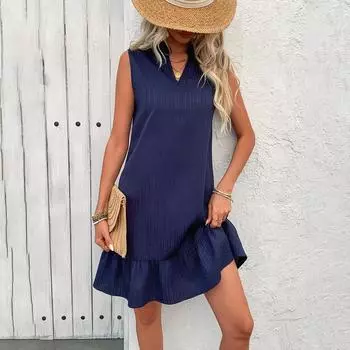 Весна-лето Женские свободные платья без рукавов с высокой талией, А-силуэтом, V-образным вырезом, однотонное платье-жилет S-XL S тёмно-синий