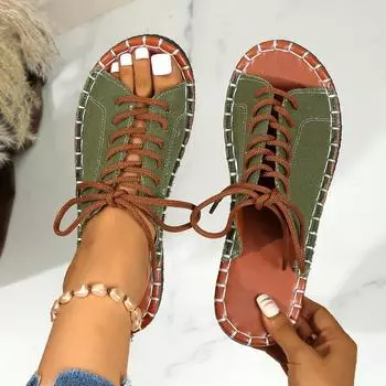 Весна-лето женские туфли на плоской подошве со шнуровкой, туфли с открытым носком, повседневные пляжные сандалии-слайды для отдыха на природе 42EU/CN43 чёрный