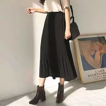 Весна-лето женские юбки модные женские однотонные винтажные эластичные с высокой талией свободные повседневные шифоновые юбки миди трапециевидной формы плиссированная юбка One Size чёрный