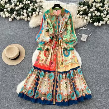 Весна Лето Женский Бренд Дизайнер Винтажный Принт Подиумное Платье Отложной Воротник Длинные Макси Рубашки Платья Для Вечеринок M