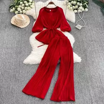 Весна-лето Женский плиссированный комплект из двух предметов Элегантная шифоновая блузка с V-образным вырезом и драпировкой + широкие брюки с высокой талией Костюм из 2 предметов для женщин Новый One Size абрикосовый