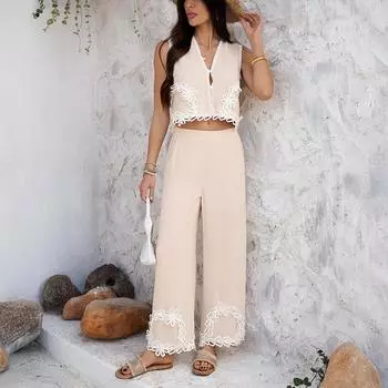 Весна-лето Женский повседневный комплект брюк в праздничном стиле с геометрическим узором S чёрный