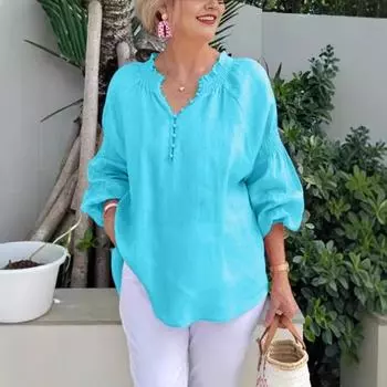 Весна-лето Женский повседневный однотонный топ из хлопка и льна с V-образным вырезом и длинными рукавами S чёрный