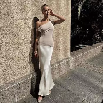 Весна-лето Женский повседневный сетчатый топ с косыми плечами S хаки