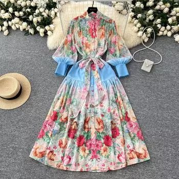 Весна-лето Женский принт шифоновый халат большого размера Длинный макси свободный пляжный наряд со шнуровкой S синий