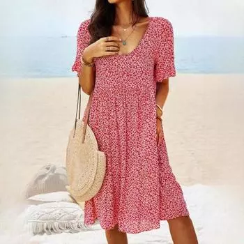 Весна Лето Женский Пуловер Печатный Длинный Миди Городской Повседневный Винтаж Короткие Рукава Платья S жёлтый