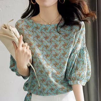 Весна Лето Женский Стиль Шифон Блузки Рубашки Женские Короткие Рукава Печати О-Образный Вырез Повседневные Элегантные Топы S зелёный