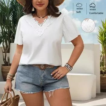 Весна/лето Женский топ V-образный вырез Вышивка Повседневный однотонный топ с короткими рукавами XL белый