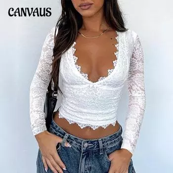 Весна-лето Женский Y2K Сексуальный Глубокий V Полый Сладкий Стиль Пряности Кружева Пуловер Топ S чёрный