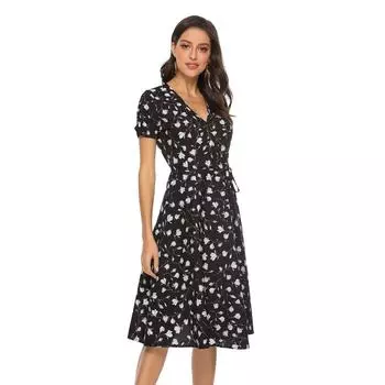 Весна-лето женское богемное пляжное шифоновое платье с v-образным вырезом и коротким рукавом с высокой талией, S-XXL S чёрный