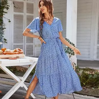 Весна-лето, женское длинное платье с повязочным принтом, повседневное с коротким рукавом и высокой талией, с цветочным принтом, в праздничном стиле S синий