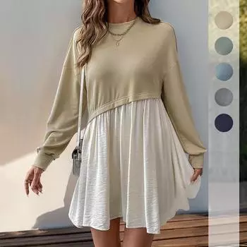 Весна-лето Женское длинное платье с цветными блоками, с завышенной талией, с плиссировкой и круглым вырезом S хаки