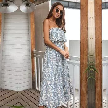 Весна-лето женское длинное платье в стиле бандо трапециевидной формы без бретелек с высокой талией без рукавов с цветочным принтом и рюшами S-XL S светло-синий