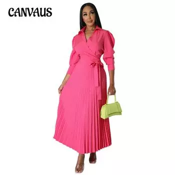 Весна-лето Женское длинное рукава поло с высокой талией Модное повседневное плиссированное платье S чёрный