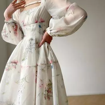 Весна-лето женское французское мини-милое платье с квадратным воротником и цветочным принтом, короткое платье с пышными рукавами, женственное шикарное милое платье трапециевидной формы с цветущим рисунком L