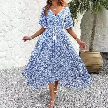 Весна/лето Женское Элегантное Платье С V-образным Вырезом и Высокой Талией С Принтом S чёрный