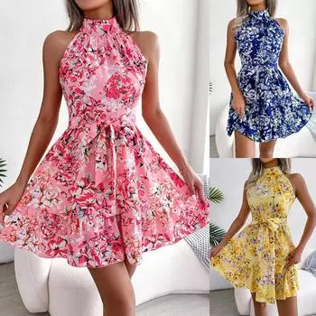 Весна-лето женское короткое платье трапециевидной формы без рукавов с лямкой на шее и лямкой на шнуровке с цветочным принтом S жёлтый